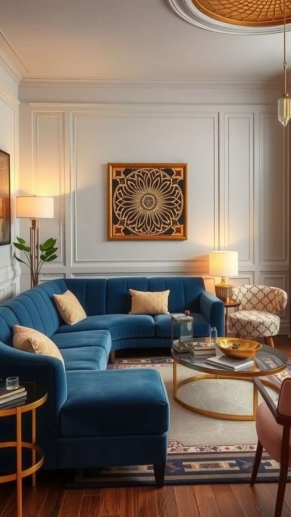 A stylish living room featuring a blue couch with Art Deco elements and gold accents.