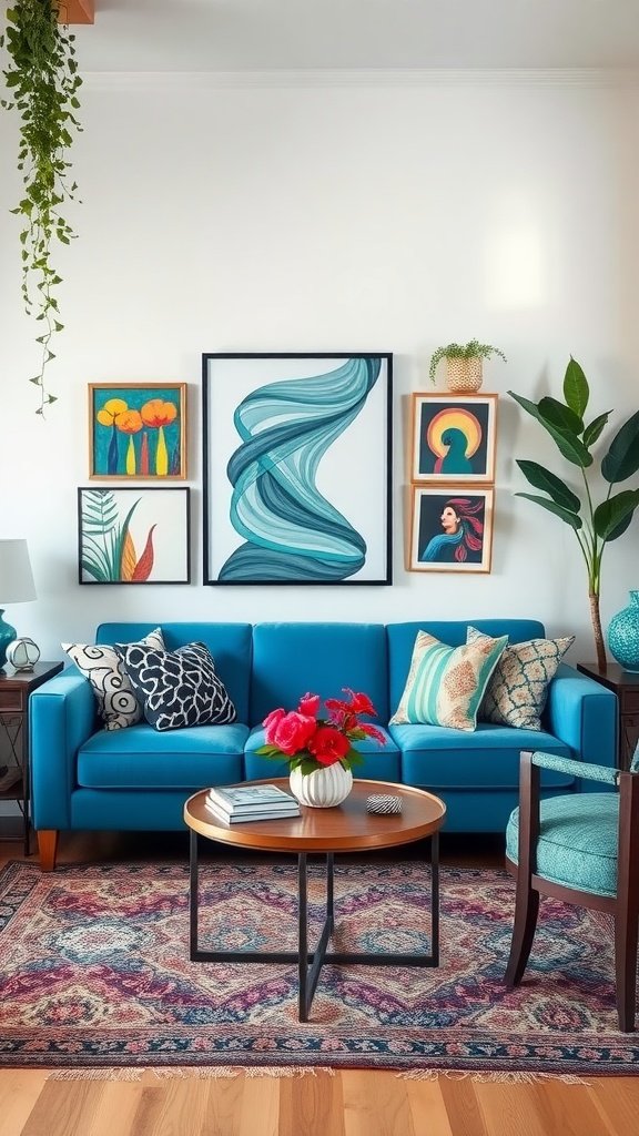 A stylish living room featuring a blue couch, colorful wall art, and decorative plants.