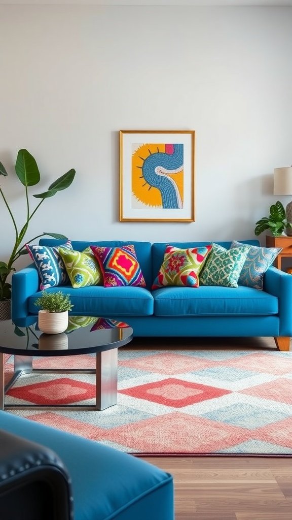 A bright blue couch adorned with colorful patterned pillows, set in a stylish living room.