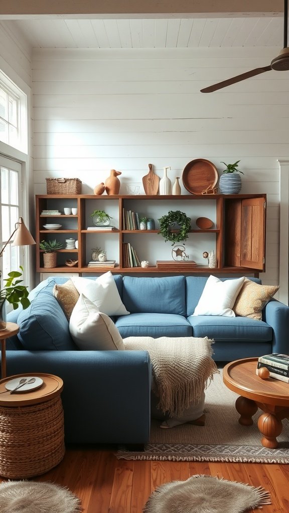 A cozy farmhouse living room with a blue sofa, wooden accents, and decorative plants.