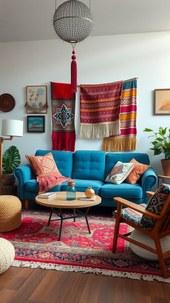 Bohemian living room featuring a blue couch with colorful accents and decor.