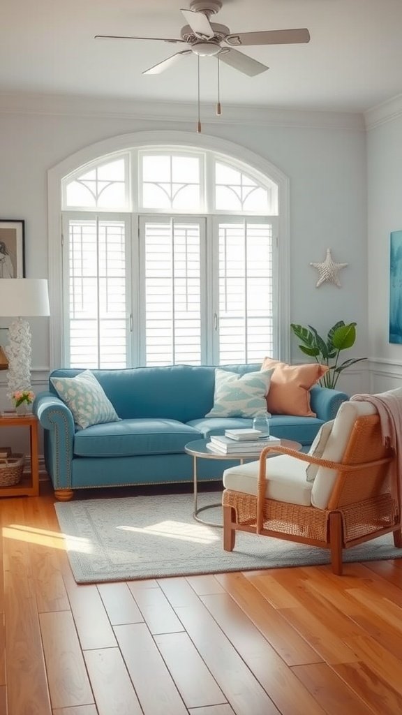A stylish living room featuring a blue couch, wooden floors, and coastal decor.