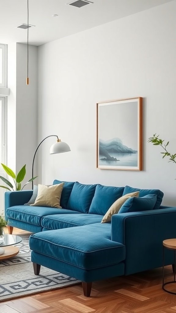 A stylish living room featuring a blue couch, light wood accents, and decorative pillows.