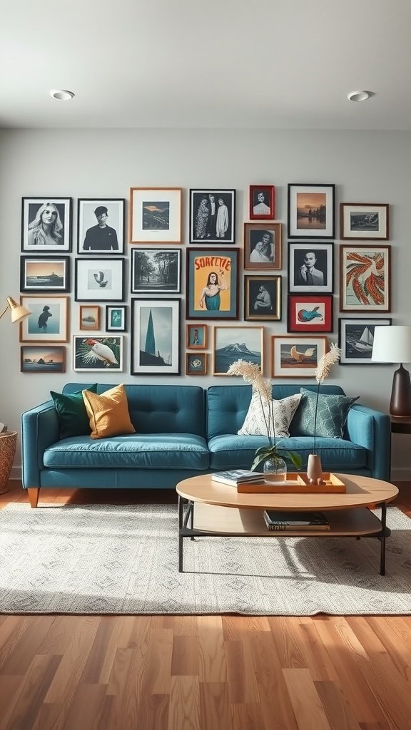 Living room featuring a blue couch and a creative gallery wall with various framed artworks.