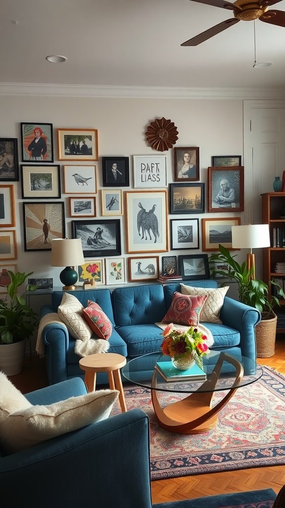 Eclectic living room with a blue couch, decorative pillows, and a gallery wall of framed art.