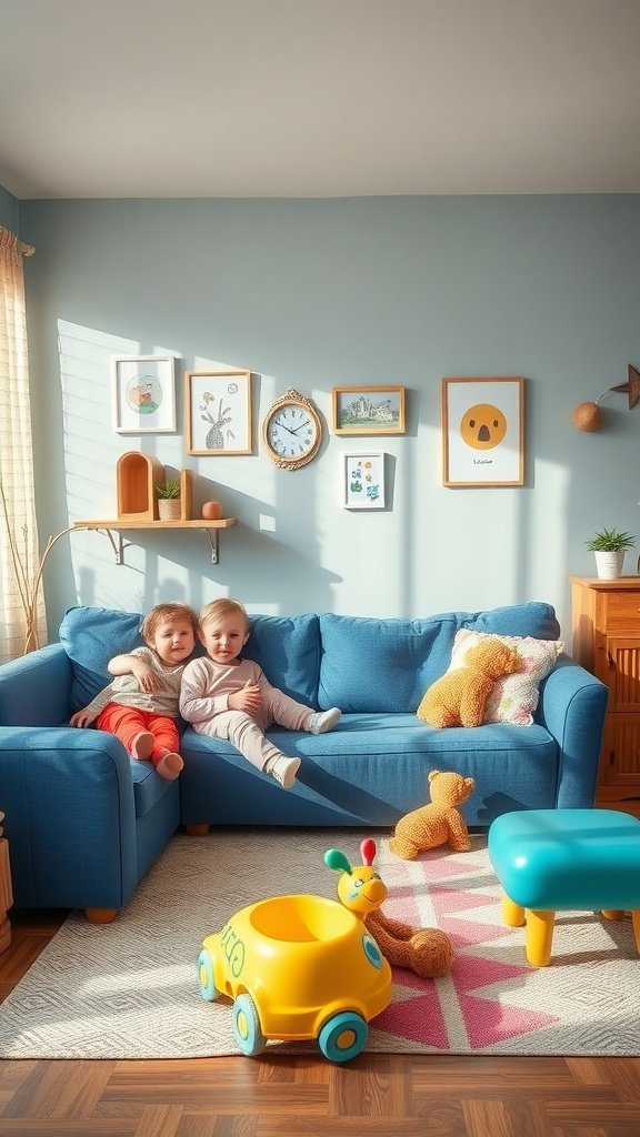 A blue couch in a family-friendly living room with children playing.
