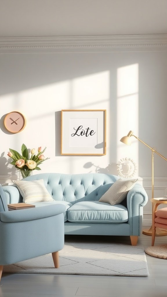 Light blue sofa in a bright living room with floral decor and soft furnishings