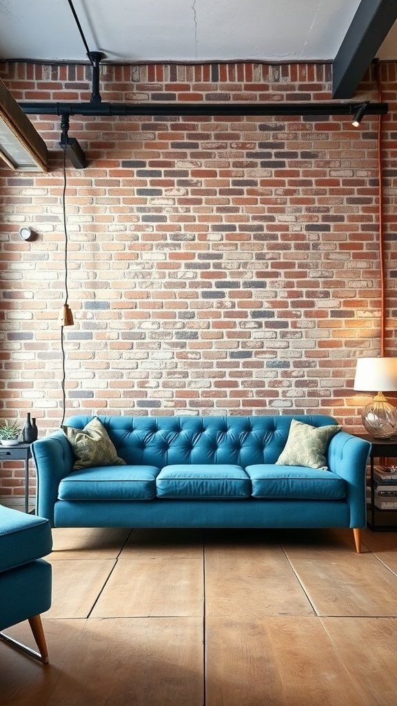 A bright blue sofa in an industrial-style living room with exposed brick walls and wooden flooring.