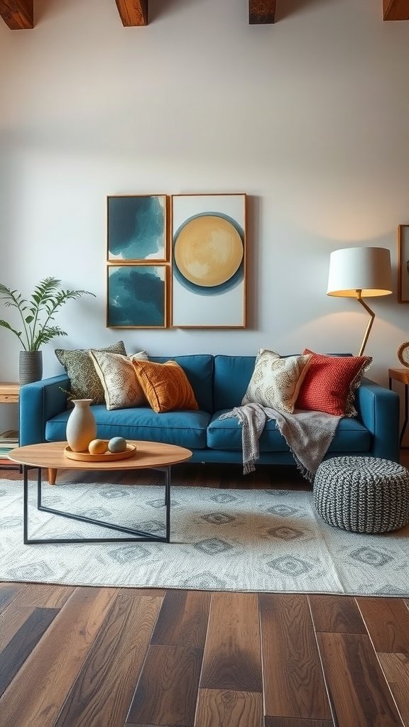 A stylish living room featuring a blue sofa adorned with cushions and a cozy rug.