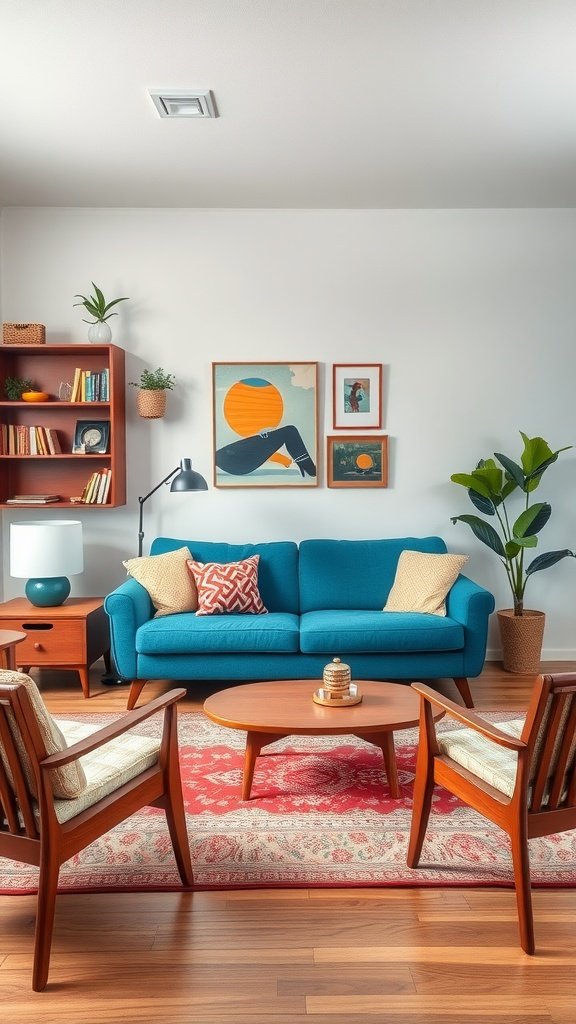 A mid-century modern living room featuring a blue couch, wooden chairs, a coffee table, and colorful wall art.