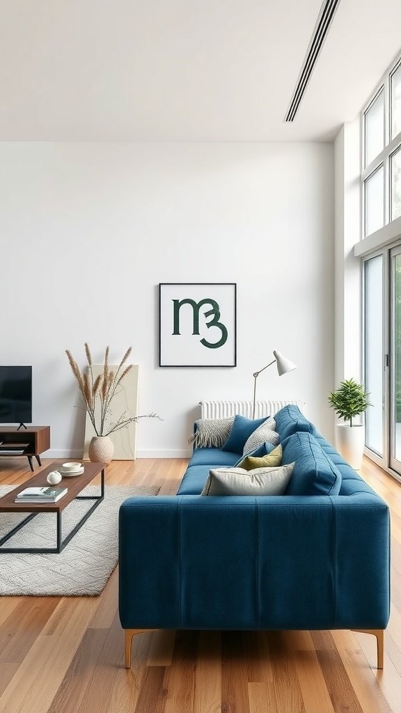 Modern minimalist living room with a blue couch, wooden flooring, and minimal decor.