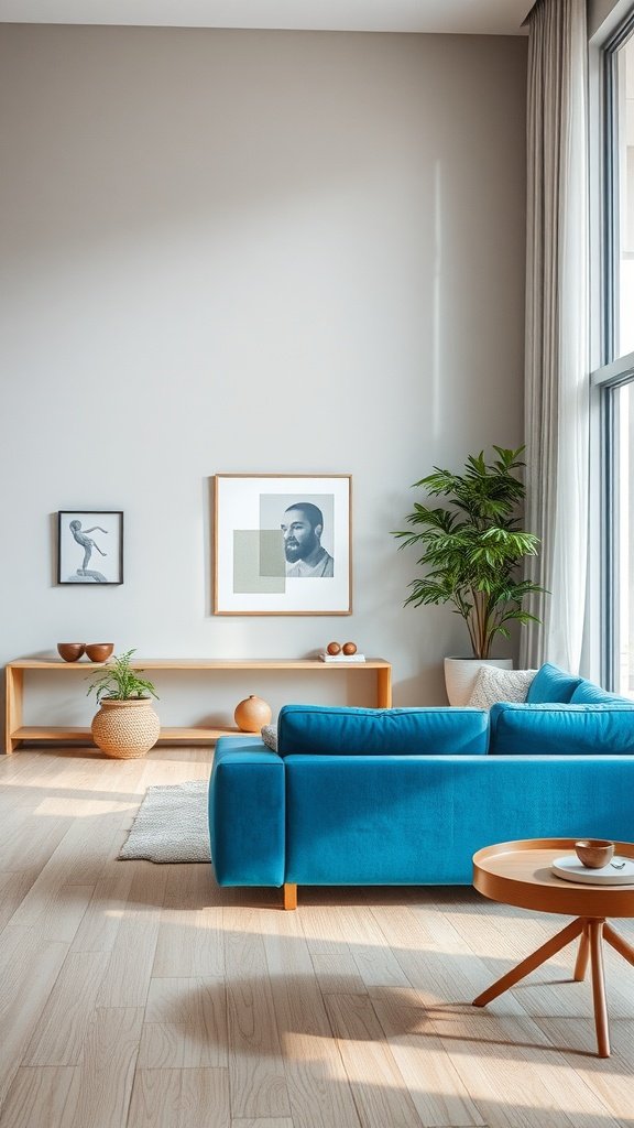 A living room featuring a blue sofa against neutral walls, wooden accents, and decorative plants.