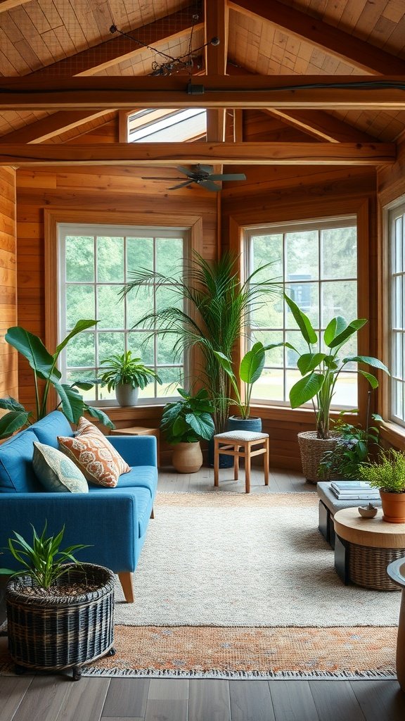 Cozy living room featuring a blue couch, plants, and large windows.