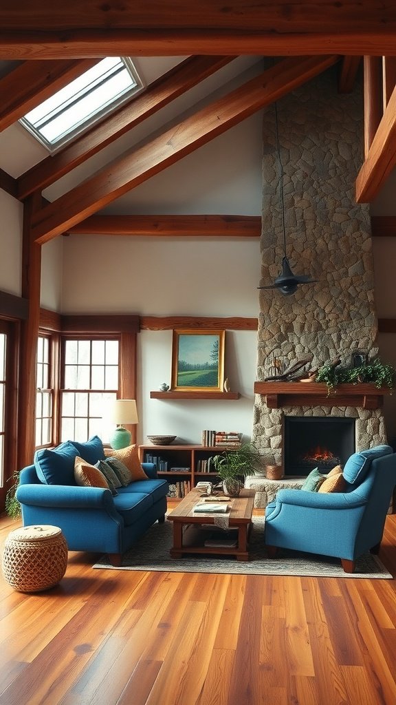A cozy living room with a blue sofa, wooden beams, and a stone fireplace.