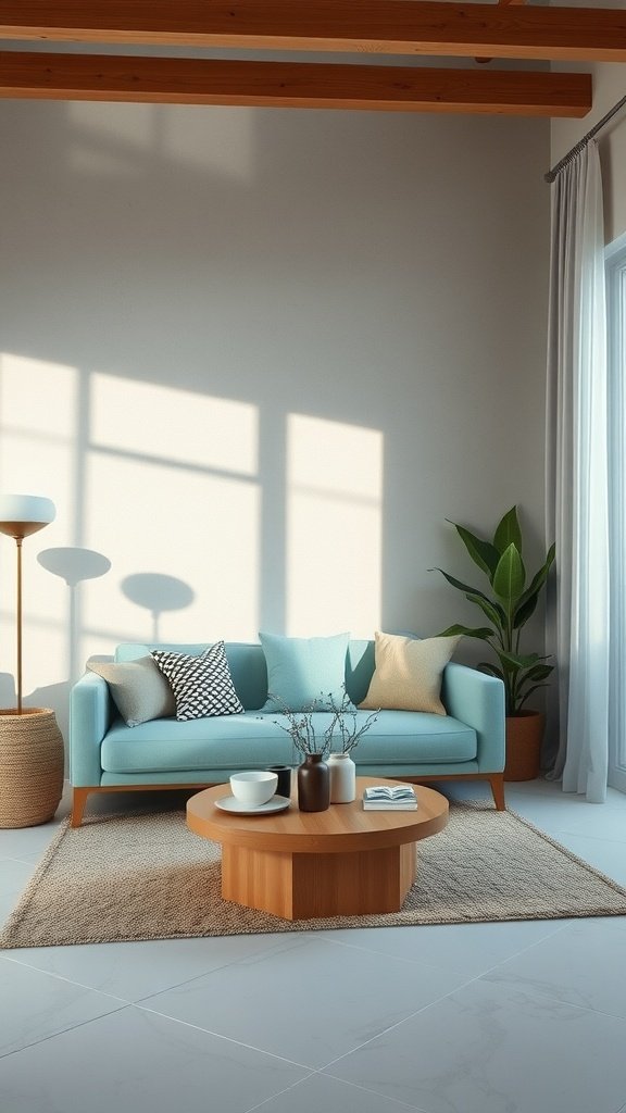 A serene living room featuring a blue couch, a wooden coffee table, and natural decor.