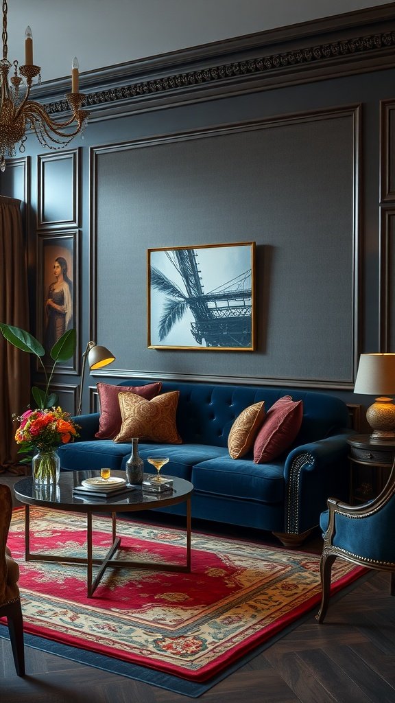 A dark blue couch with pillows in a stylish living room setting, featuring a decorative rug and elegant decor.