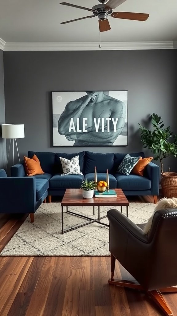 A stylish living room featuring a blue couch with orange pillows, a wooden coffee table, and decorative art on the wall.