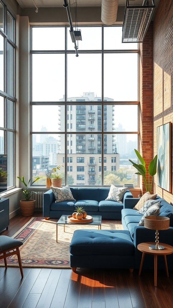 Stylish urban loft living room featuring a blue sofa, large windows, and modern decor.