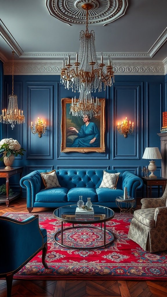 A vintage living room featuring a royal blue couch, ornate chandeliers, and elegant decor.