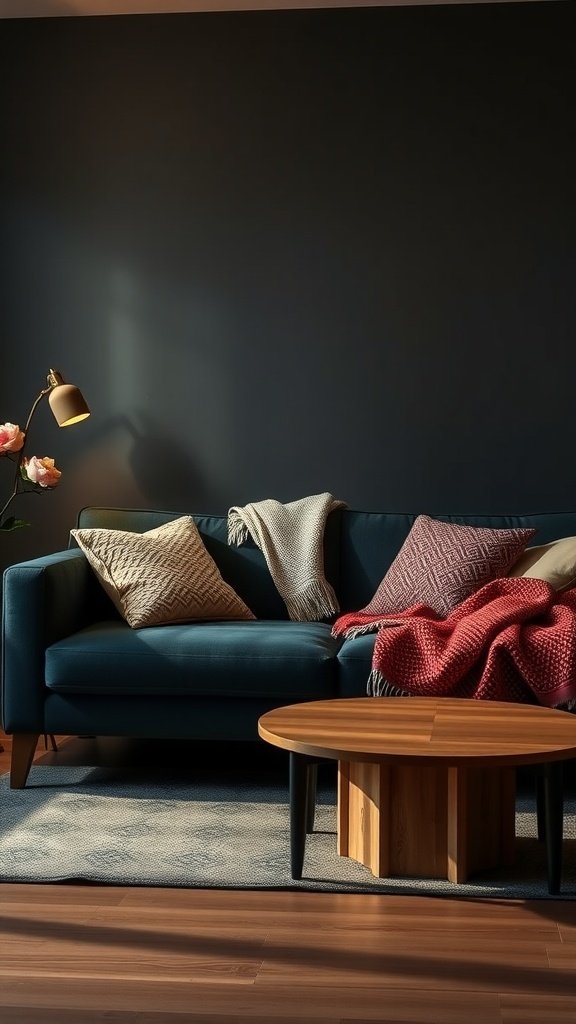 A cozy living room featuring a dark blue couch with textured cushions and throws, illuminated by soft lighting.